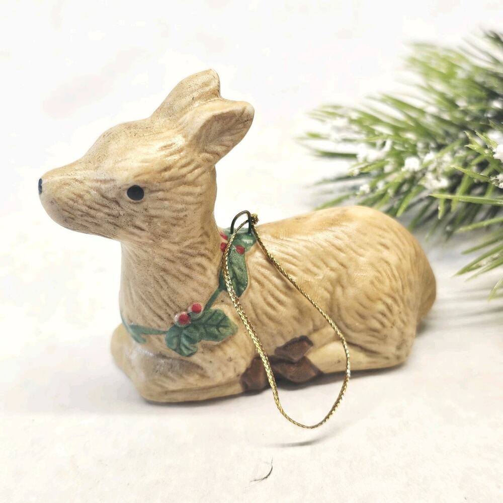 Baby Deer Reindeer Christmas Tree Ornament Porcelain Bisque Vintage
